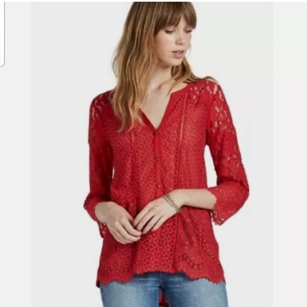 Lucky Brand Lace Mix 3/4 Length Sleeve size XS Top